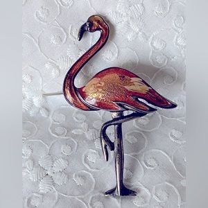 Vintage Beautiful Huge Flamingo Cloisonne Brooch